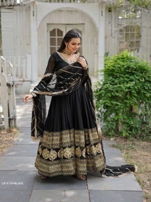 Black Embroidered Sequins Work Gown With Dupatta
