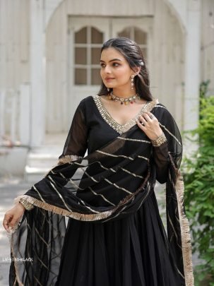 Black Embroidered Sequins Work Gown With Dupatta
