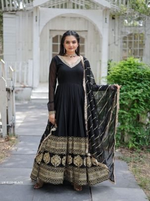 Black Embroidered Sequins Work Gown With Dupatta