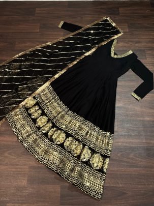Black Embroidered Sequins Work Gown With Dupatta