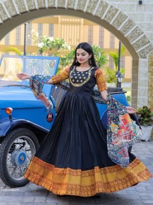 Black Embroidered Work Weaving Silk Readymade Gown