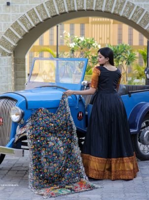 Black Embroidered Work Weaving Silk Readymade Gown