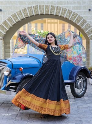 Black Embroidered Work Weaving Silk Readymade Gown