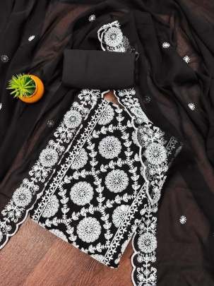 Black Embroidery Work Georgette Three Piece Unstitch Material