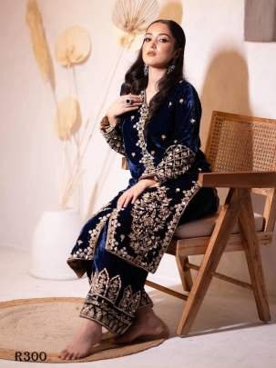 Blue Exclusive Party Wear Velvet Kurti Palazo Set