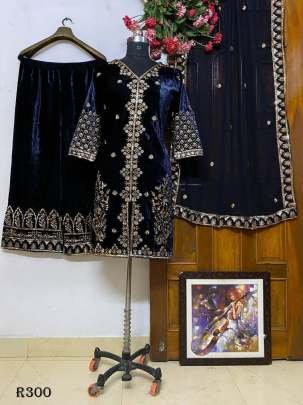 Blue Exclusive Party Wear Velvet Kurti Palazo Set