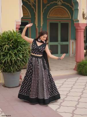 Black Fancy Printed Rayon Lehenga Choli With Gotta Patti Lace