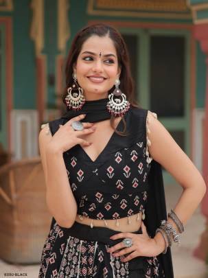 Black Fancy Printed Rayon Lehenga Choli With Gotta Patti Lace