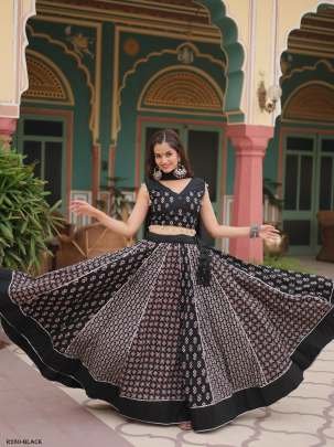 Black Fancy Printed Rayon Lehenga Choli With Gotta Patti Lace