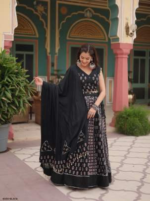 Black Fancy Printed Rayon Lehenga Choli With Gotta Patti Lace
