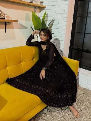 Black Faux Georgette Ready Made Embroidery Anarkali Suit