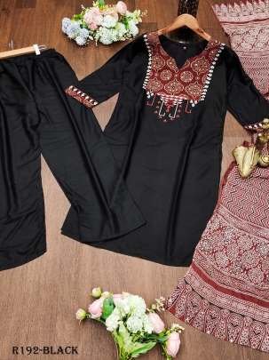Black Festival Wear Handblock Printed Rayon Kurtis With Palazo