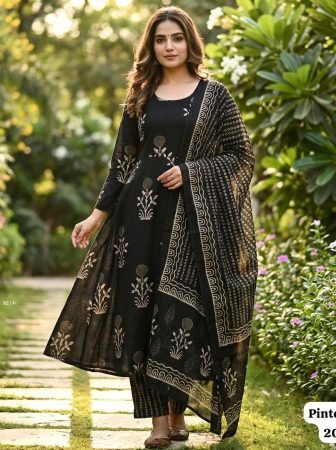 Black Floral Printed Anarkali Kurti Pant Set With Dupatta 