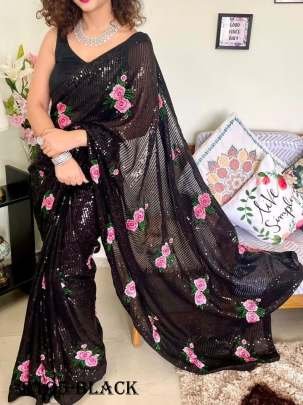 Black Flower Embroider Work And Sequence Party Wear Georgette Saree 