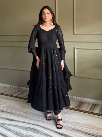 Black Fox Georgette Anarkali Gown with Lukhnowi Sequence Work And Dupatta