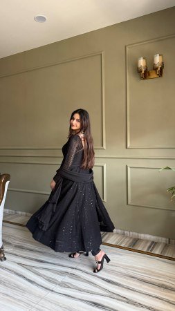 Black Fox Georgette Anarkali Gown with Lukhnowi Sequence Work And Dupatta