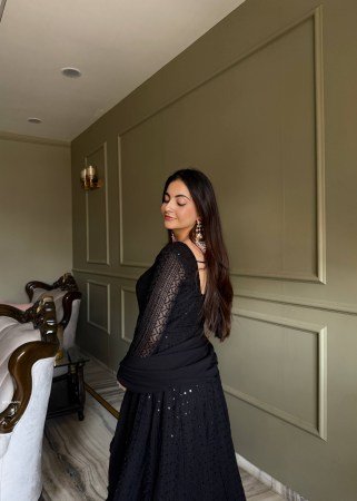 Black Fox Georgette Anarkali Gown with Lukhnowi Sequence Work And Dupatta