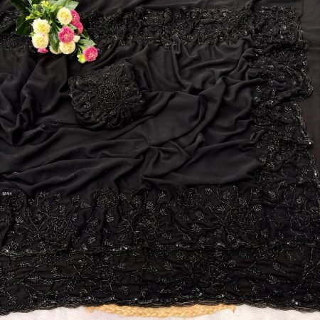 Black Fox Georgette Saree with Beads Work And Designer Blouse
