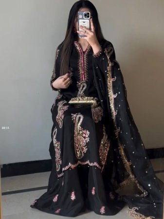 Black Fully Stitched Pure Chinnon Plazzo Suit