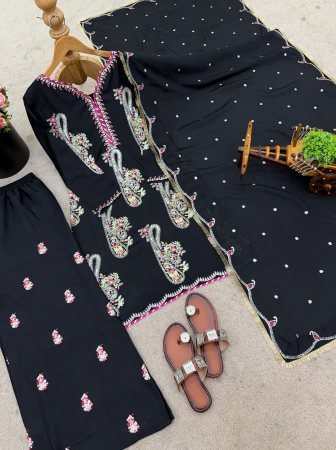 Black Fully Stitched Pure Chinnon Plazzo Suit