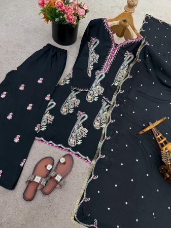 Black Fully Stitched Pure Chinnon Plazzo Suit