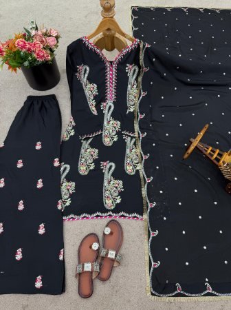 Black Fully Stitched Pure Chinnon Plazzo Suit