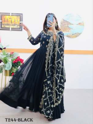Fancy Black Georgette Embroidery Work Gowns