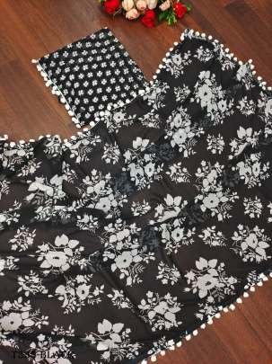 Black Georgette Floral Printed Saree With Pom Pom Border
