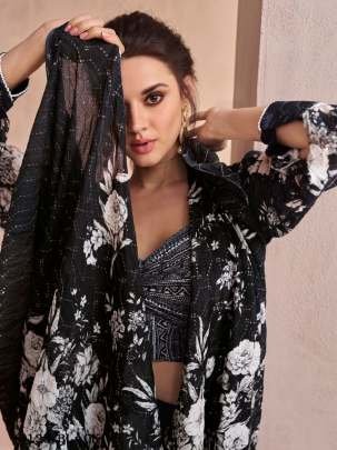 Black Georgette Palazzo Set By Sayuri Designer