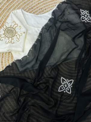 Black Handcrafted Malai Silk Saree With Handwork Stitched Blouse