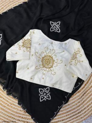 Black Handcrafted Malai Silk Saree With Handwork Stitched Blouse