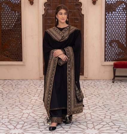Black Embroidered Kurta Palazzo Set With Dupatta 