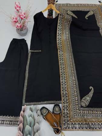 Black Embroidered Kurta Palazzo Set With Dupatta