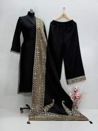 Black Embroidered Kurta Palazzo Set With Dupatta