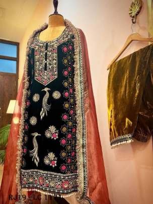 Black Heavy Velvet Embroidered Top Palazzo Dupatta Set