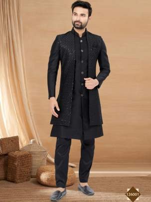 Black Imperial Shine Designer Kurta Jacket Set