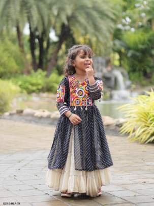 Black Kids Girls Navratri Collection Kora Cotton Lehenga Choli