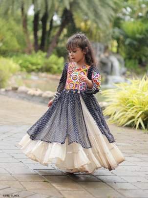 Black Kids Girls Navratri Collection Kora Cotton Lehenga Choli