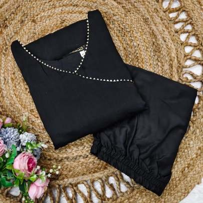 Black Muslin Fabric Elephant Print Kurti Pant Set