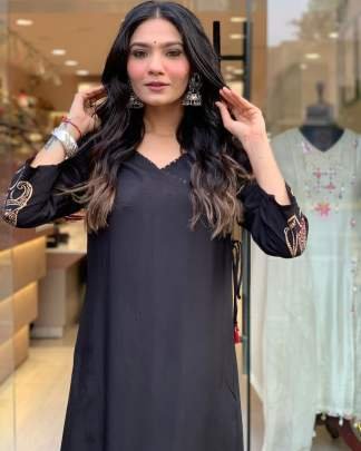 Black Muslin Fabric Elephant Print Kurti Pant Set