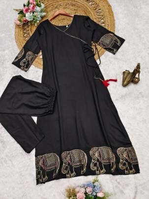 Black Muslin Fabric Elephant Print Kurti Pant Set