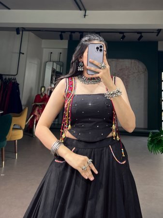 Black Navratri Lehenga Choli Set With Kutchi Work Detailing