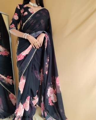Black Party Wear And Pearl Lace Border Georgette Saree