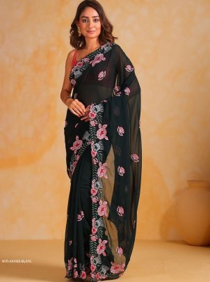Black Party Wear Anniee Embroidery Work Georgette Saree