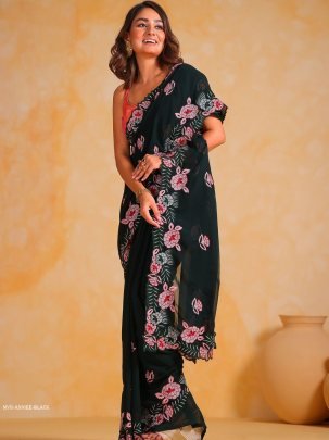 Black Party Wear Anniee Embroidery Work Georgette Saree