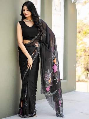 Black Party Wear Floral Printed Faux Georgette Saree