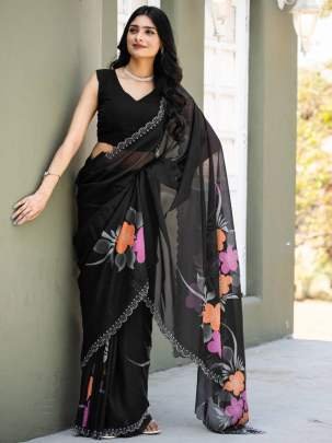 Black Party Wear Floral Printed Faux Georgette Saree