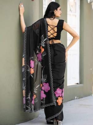 Black Party Wear Floral Printed Faux Georgette Saree