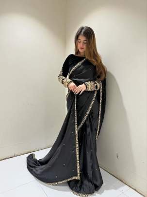 Black Party Wear Heavy Moti Work Pure Velvet Saree