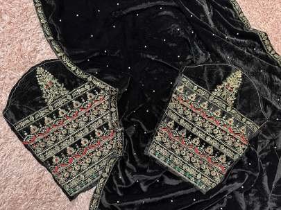 Black Party Wear Heavy Moti Work Pure Velvet Saree